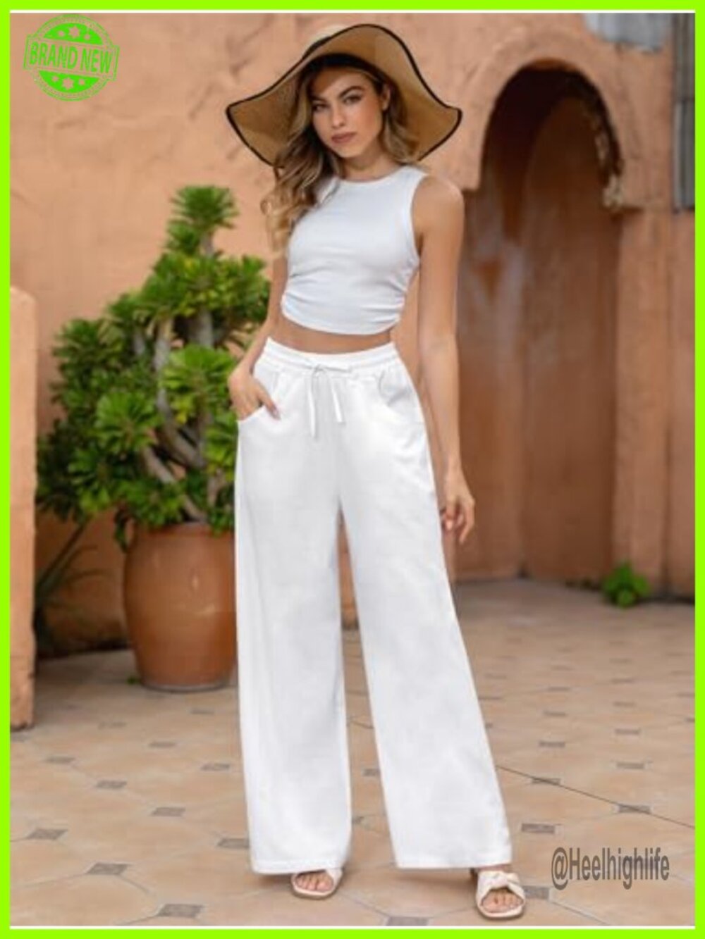 Women's High Waisted Wide Leg Linen Blend Palazzo Pants with Pockets - Picture 5 of 6